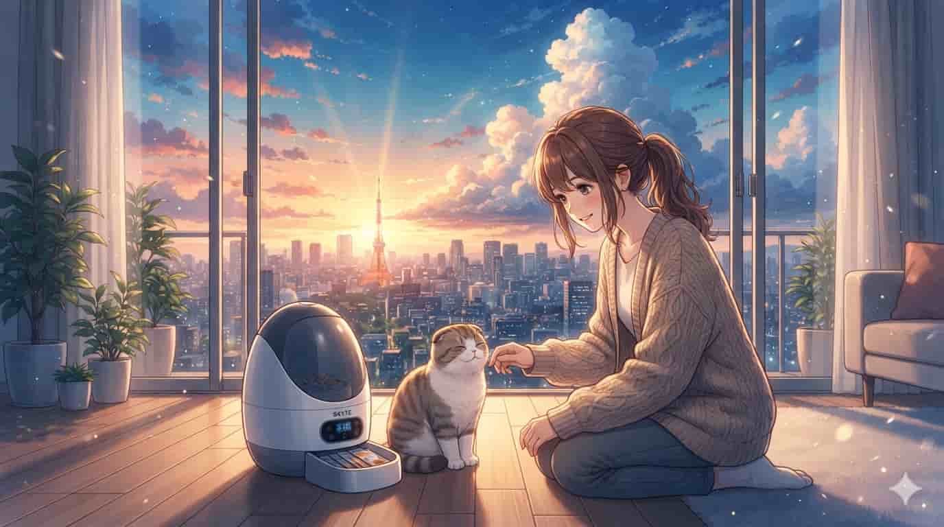 Ilustração estilo anime (inspirada em Makoto Shinkai) de uma jovem mulher em um apartamento de Tóquio ao pôr do sol, observando seu gato comer ração úmida de um comedouro automático SKYTC.