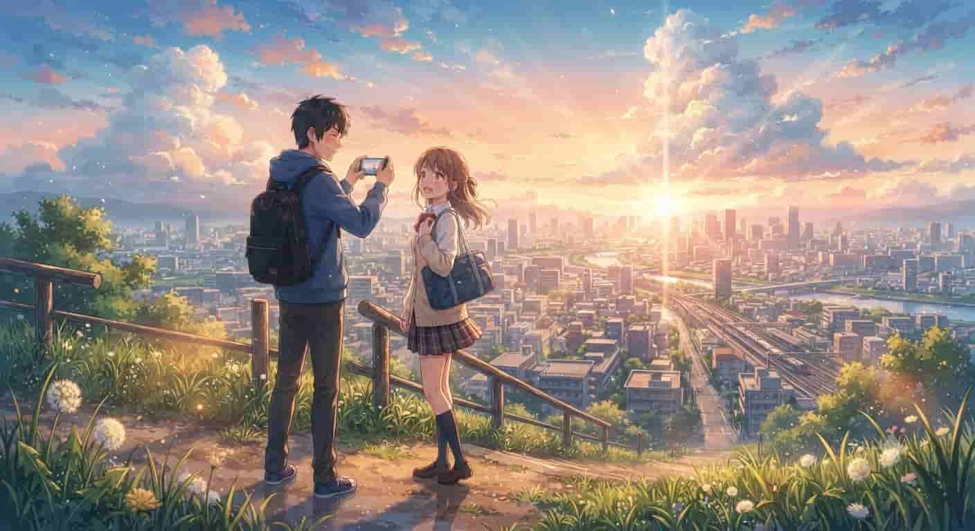 Como a Luz Natural pela Manhã Regula seu Foco 7 Ilustração estilo anime inspirada em Makoto Shinkai mostrando personagens masculino e feminino com a marca SKYTC e a luz natural da manhã.