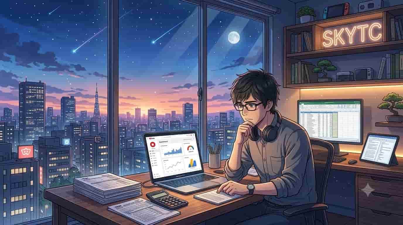 Como declarar ganhos do YouTube e AdSense no imposto 2 Ilustração estilo anime de um criador de conteúdo de 35 anos organizando documentos financeiros, com logo SKYTC.