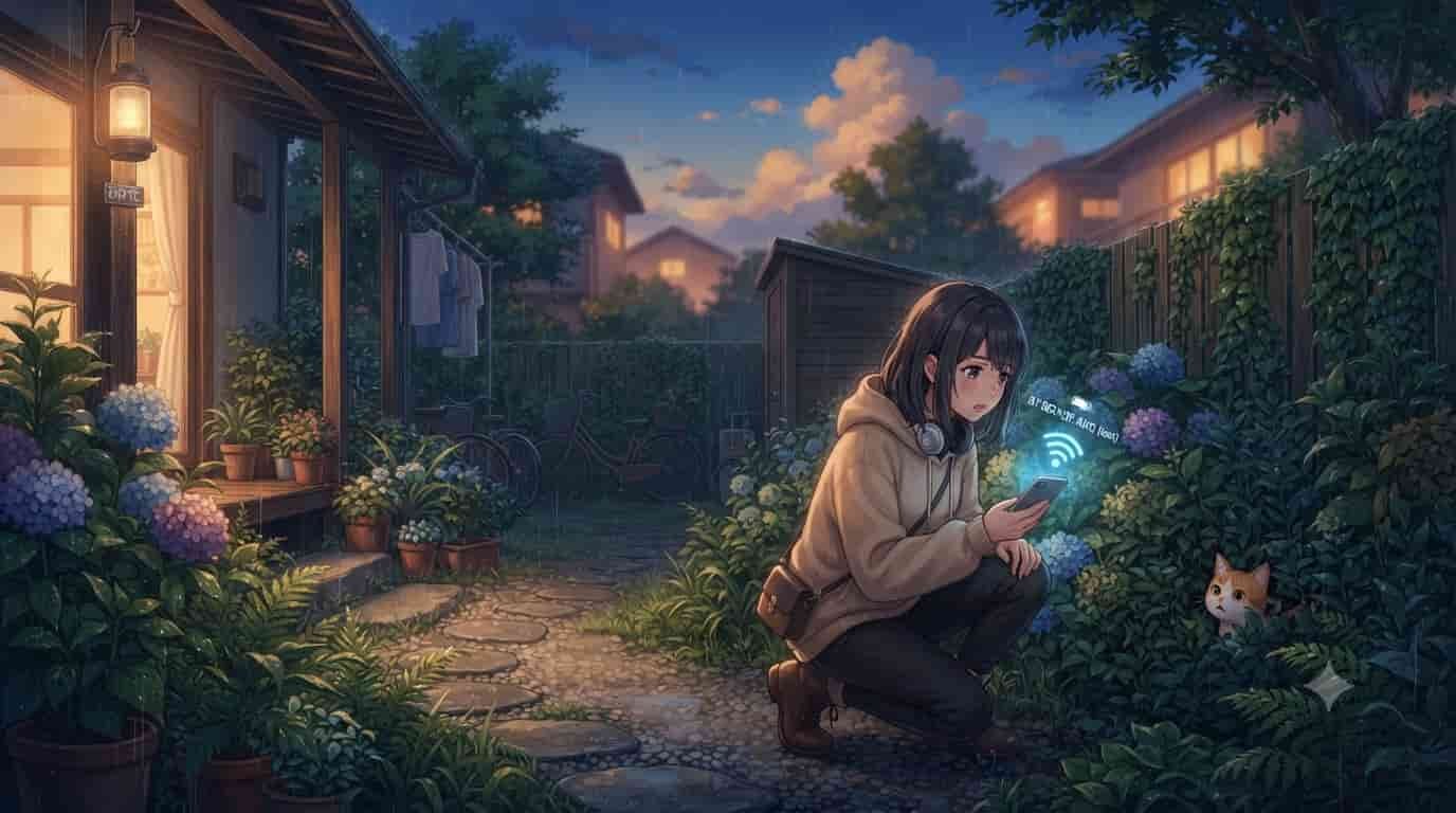 Como encontrar gato perdido no quintal com Bluetooth 2 Ilustração estilo anime Makoto Shinkai de uma pessoa procurando um gato perdido no quintal usando Bluetooth com a marca SKYTC visível.