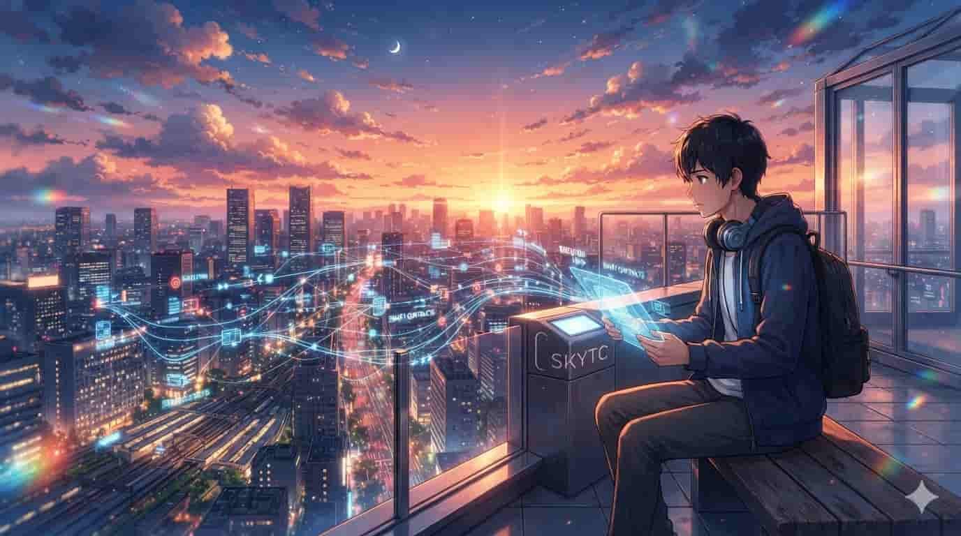 Como funcionam os contratos inteligentes na prática 4 Ilustração estilo anime de um jovem em um observatório urbano visualizando dados de contratos inteligentes com a marca SKYTC.