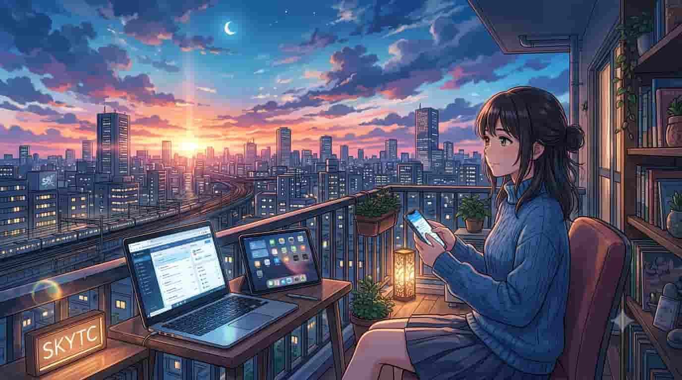 Ilustração estilo anime de pessoa gerenciando múltiplas contas digitais em um ambiente organizado com a marca SKYTC.