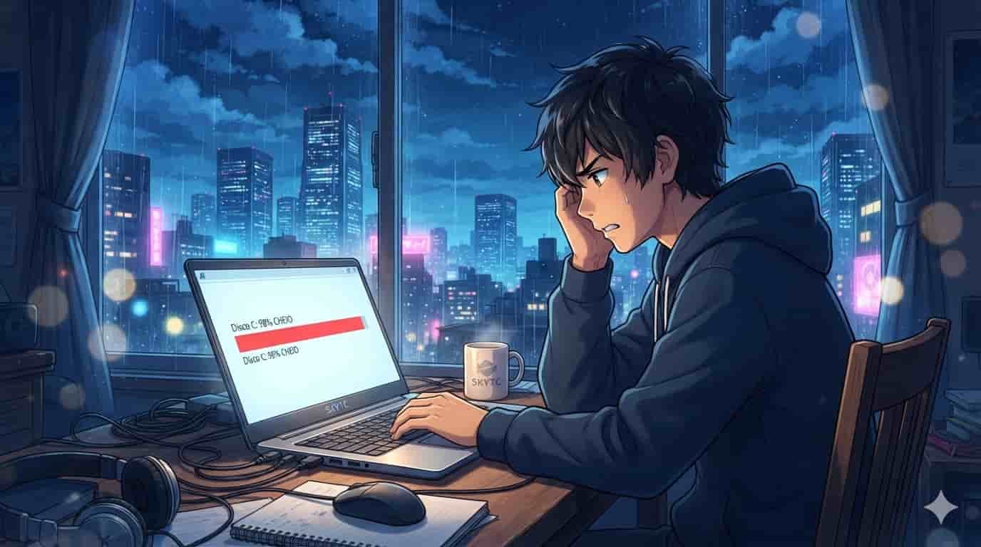 Notebook com pouco espaço no disco C: como liberar 9 Ilustração anime estilo Shinkai de um homem frustrado com o disco C: cheio no notebook.
