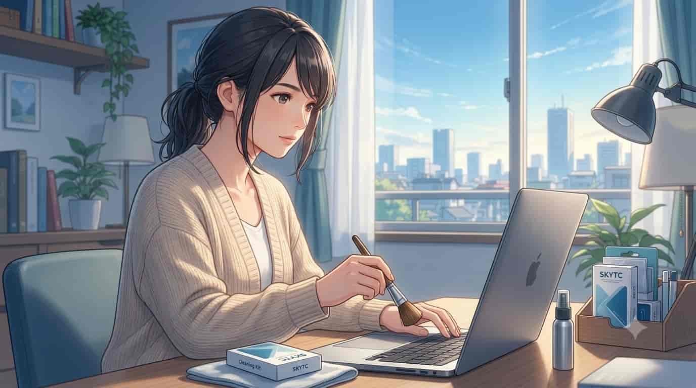 Como limpar o teclado do notebook com segurança 4 Ilustração estilo anime de pessoa de 35 anos limpando teclado de notebook com kit da marca SKYTC, iluminação suave.