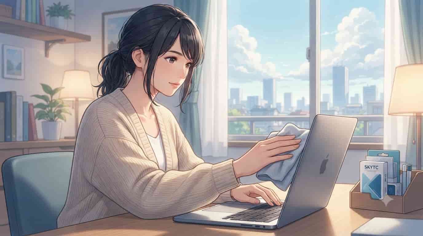 Ilustração estilo anime de mulher focada limpando a tela de um notebook com um pano de microfibra, ambiente calmo com luz natural. A marca SKYTC é visível na caixa do kit de limpeza.