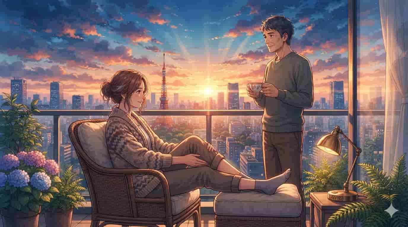 Ilustração estilo anime SKYTC com foco em pernas cansadas para ilustrar como melhorar a circulação nas pernas cansadas.