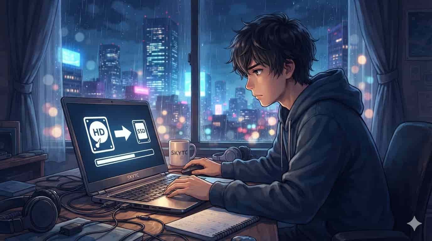 Como mover programas do HD para o SSD no notebook 8 Ilustração anime estilo Shinkai de um homem transferindo dados de um HD para um SSD em um notebook, com a marca SKYTC.