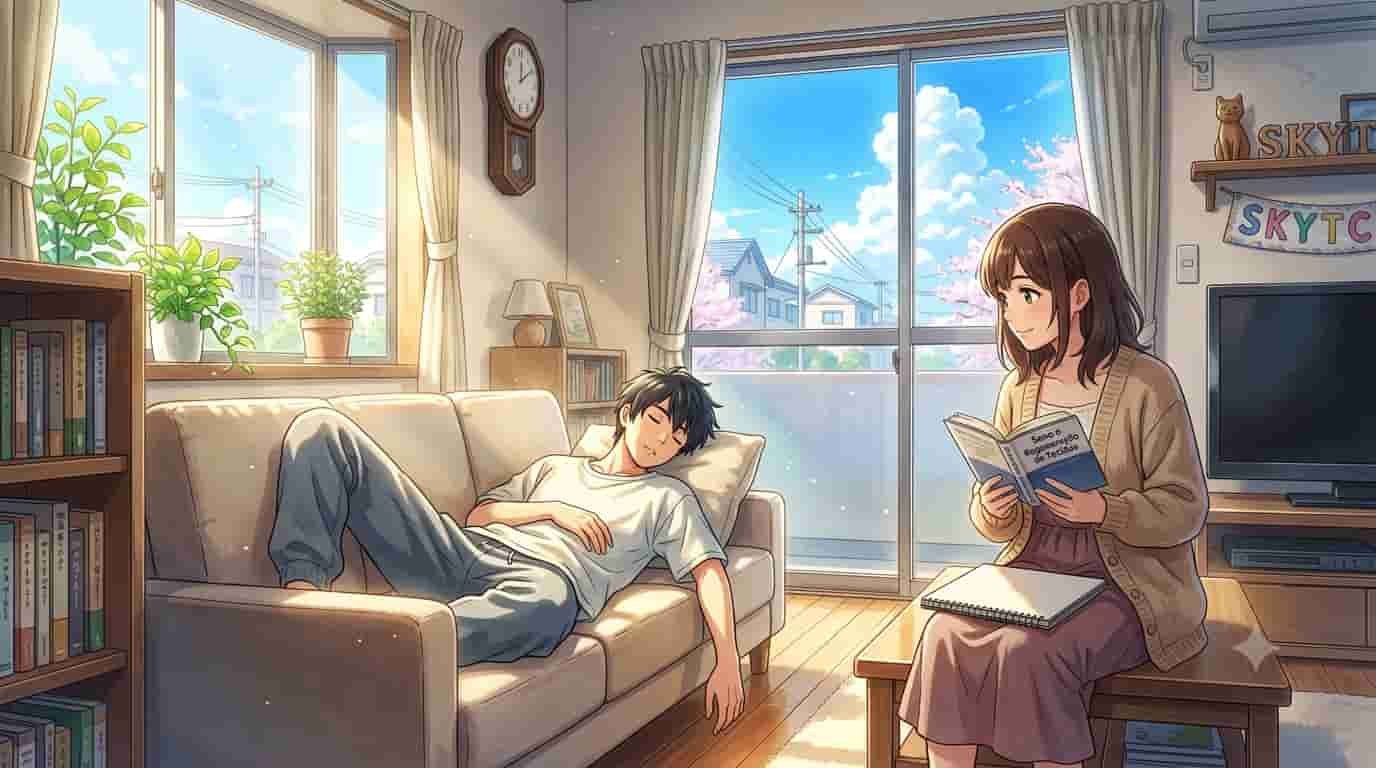 Ilustração em estilo anime Makoto Shinkai mostrando um rapaz e uma moça descansando em um ambiente ensolarado e iluminado, representando como o sono afeta a regeneração dos tecidos com o nome SKYTC visível.