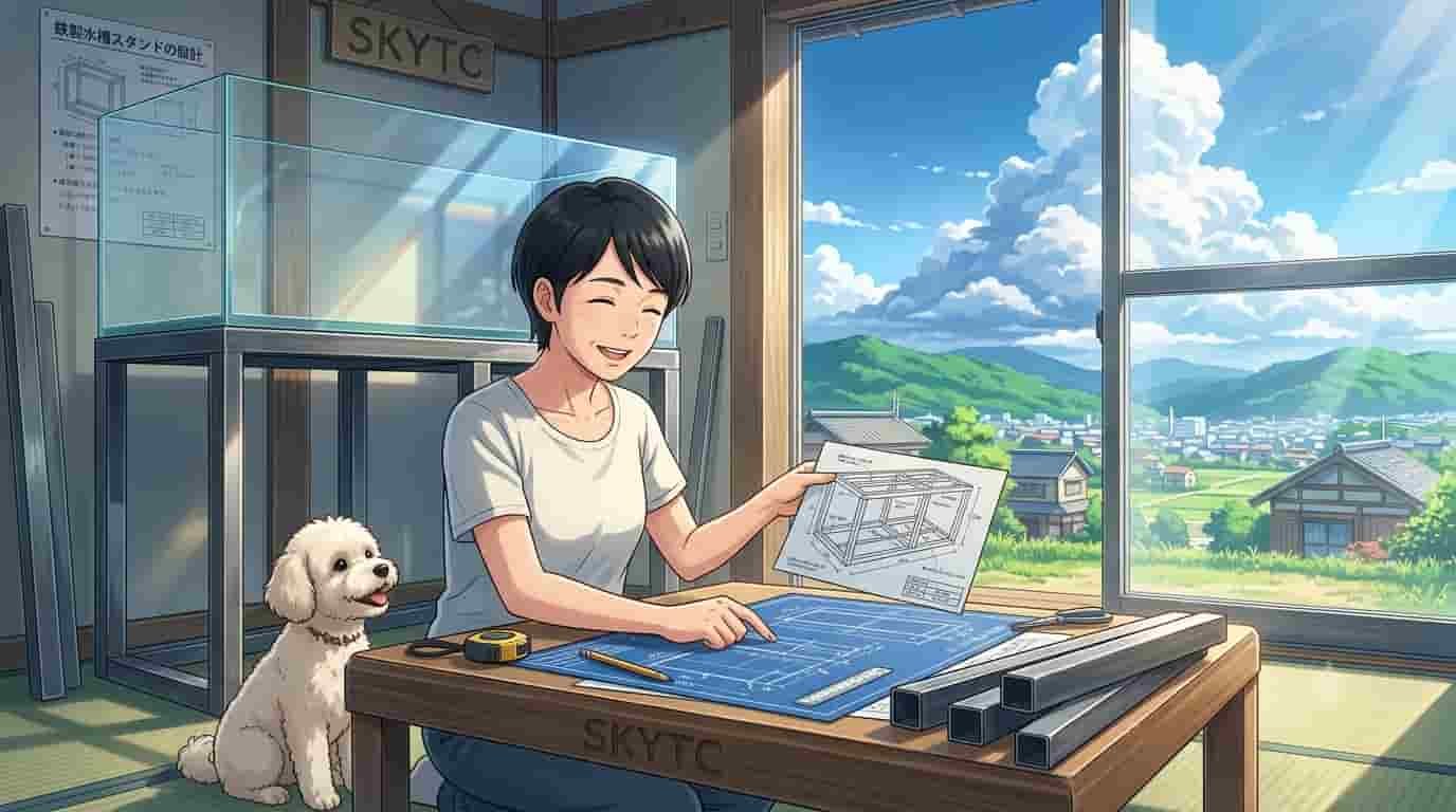 Mulher japonesa com seu cão Maltipoo ao lado de um móvel de ferro reforçado para aquário, estilo anime, com a marca SKYTC visível.