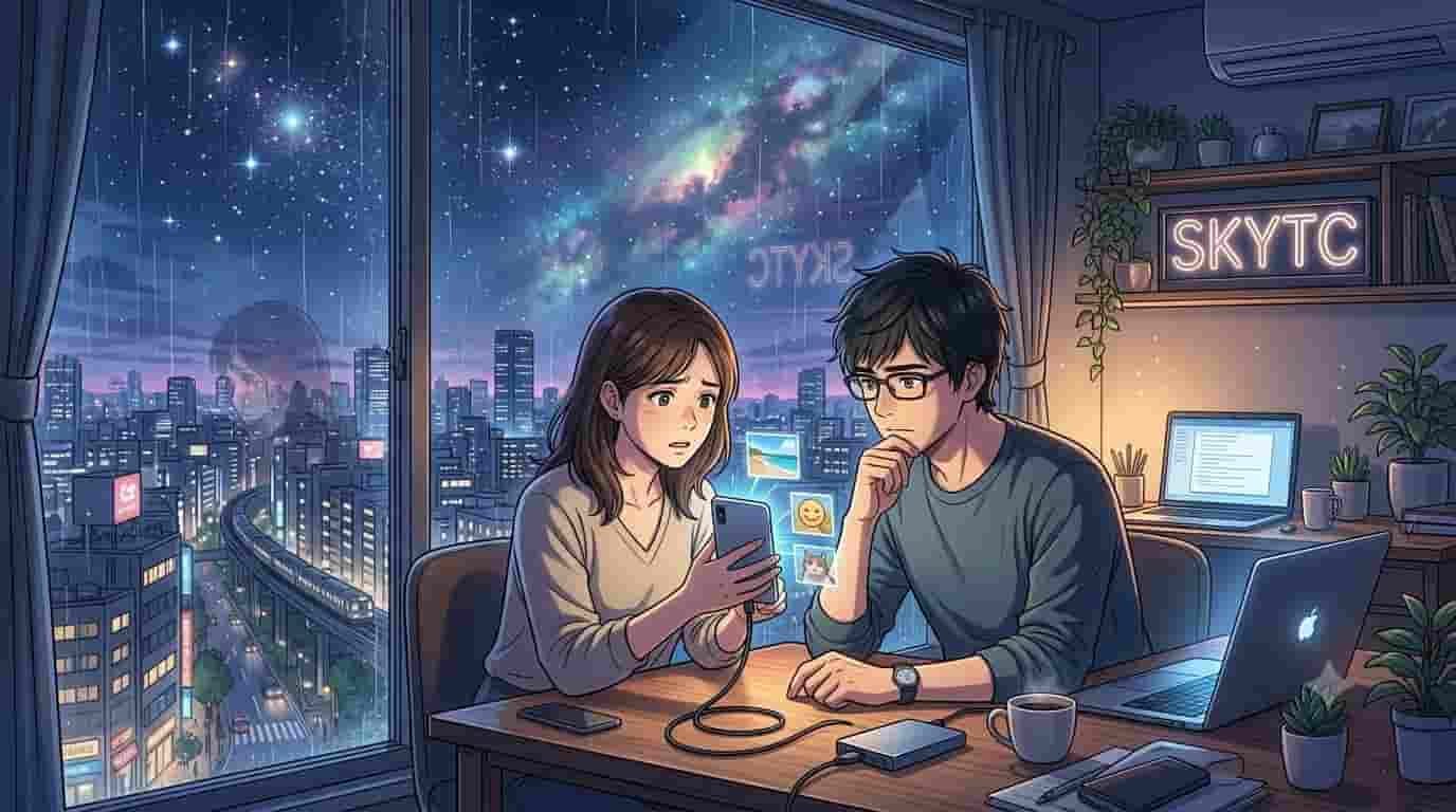 Como recuperar fotos apagadas do smartphone com segurança 2 Ilustração estilo anime mostrando pessoas usando tecnologia para recuperar fotos apagadas, com logo SKYTC ao fundo.