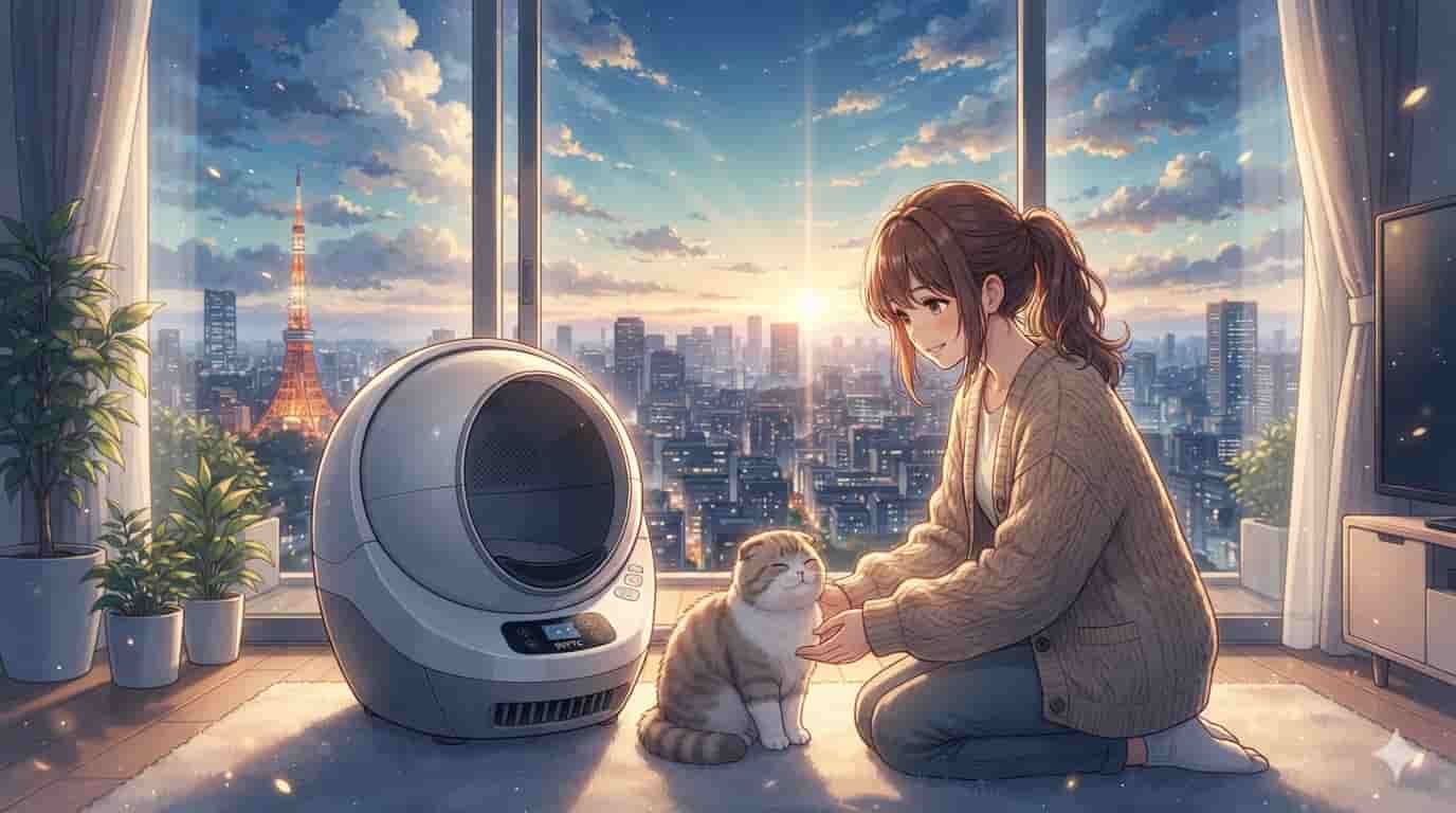 Ilustração estilo anime SKYTC de um tutor limpando o pet shop para mostrar como reduzir o cheiro da caixa de areia tech de gato.