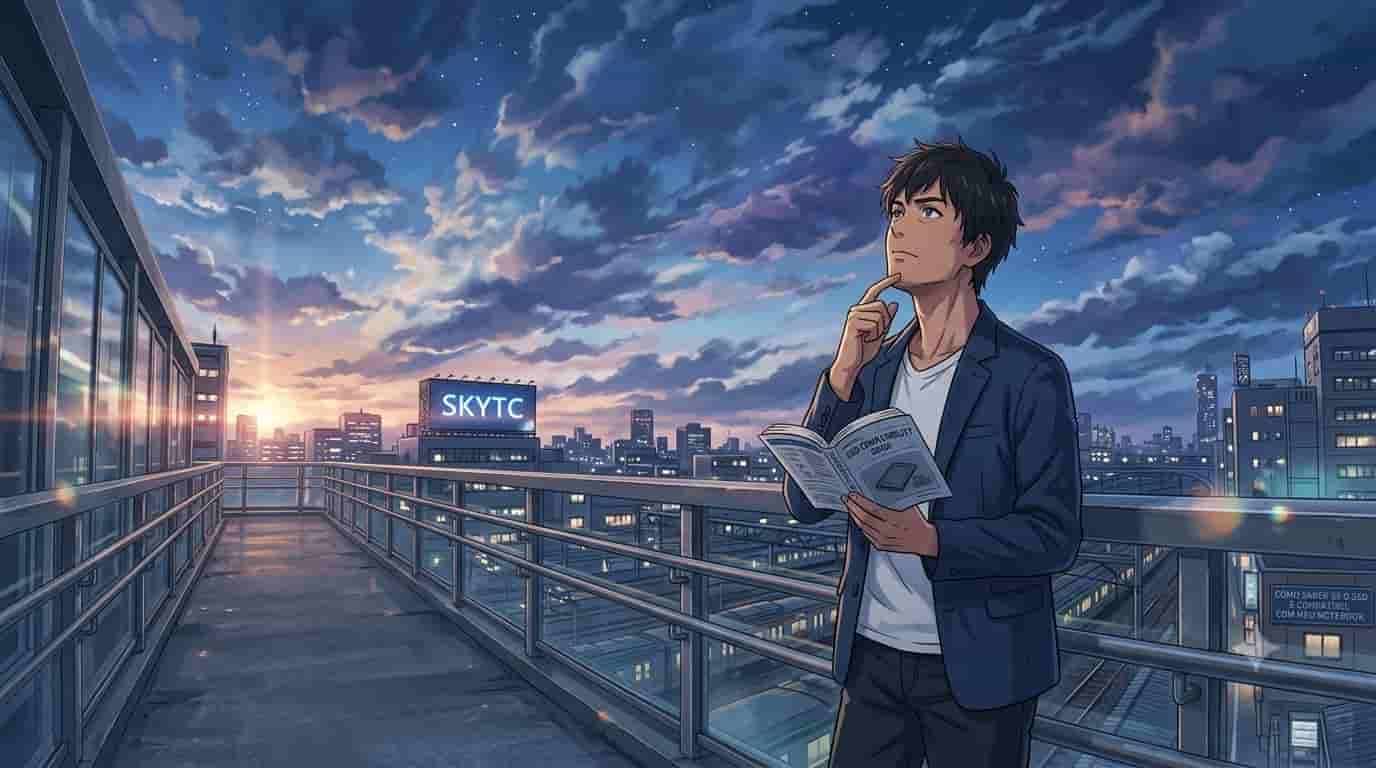 Como saber se o SSD é compatível com meu notebook 10 Ilustração estilo anime de homem de 35 anos conferindo compatibilidade de SSD para notebook SKYTC.