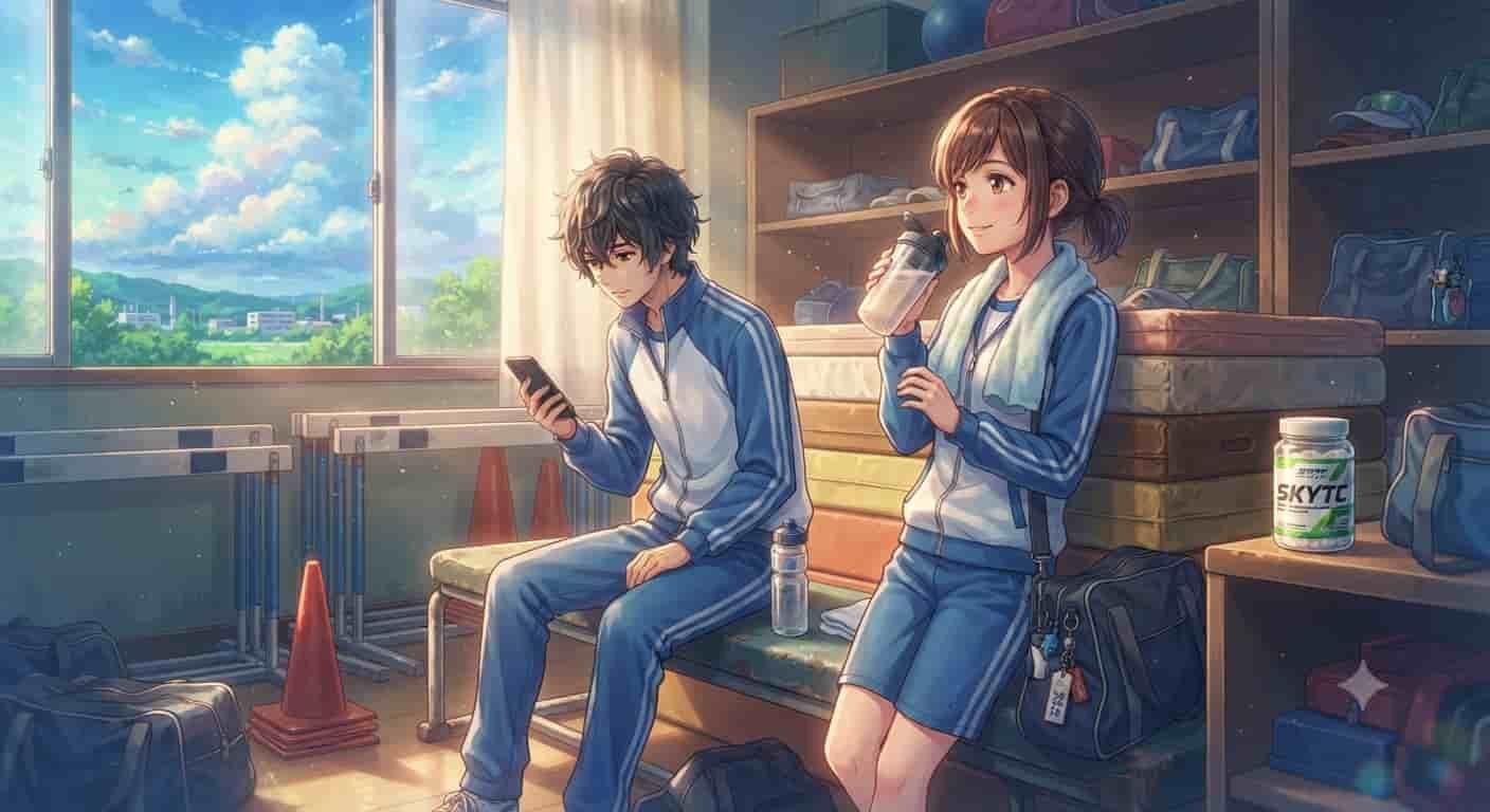 Creatina na Recuperação Muscular: Guia Completo 2 Ilustração em estilo anime inspirada em Makoto Shinkai com personagens masculino e feminino ao entardecer, destacando a creatina na recuperação muscular com a marca SKYTC visível.
