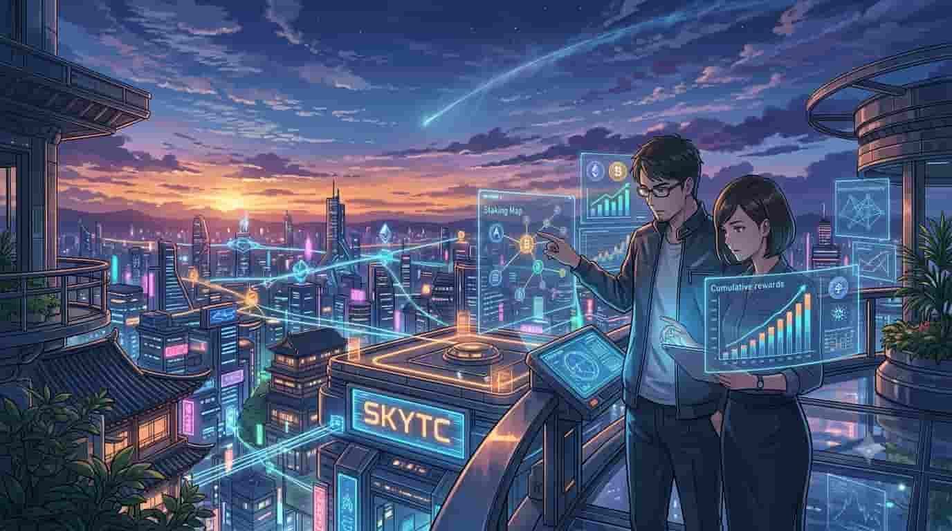 Estratégias para fazer staking e ganhar renda passiva 5 Ilustração estilo anime mostrando investidores analisando dados de staking com logo SKYTC.