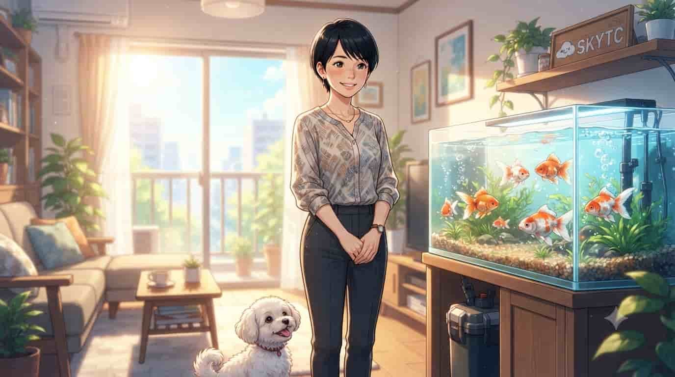 Mulher japonesa de 45 anos com seu pet maltipoo em um ambiente iluminado observando um aquário com filtro canister Hopar e peixes Kinguio.