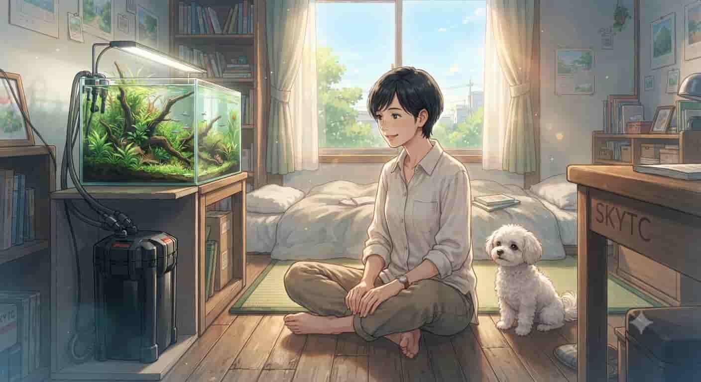 Mulher japonesa de 45 anos com cão Maltipoo observando filtro canister silencioso em um quarto, estilo anime, com a marca SKYTC visível.