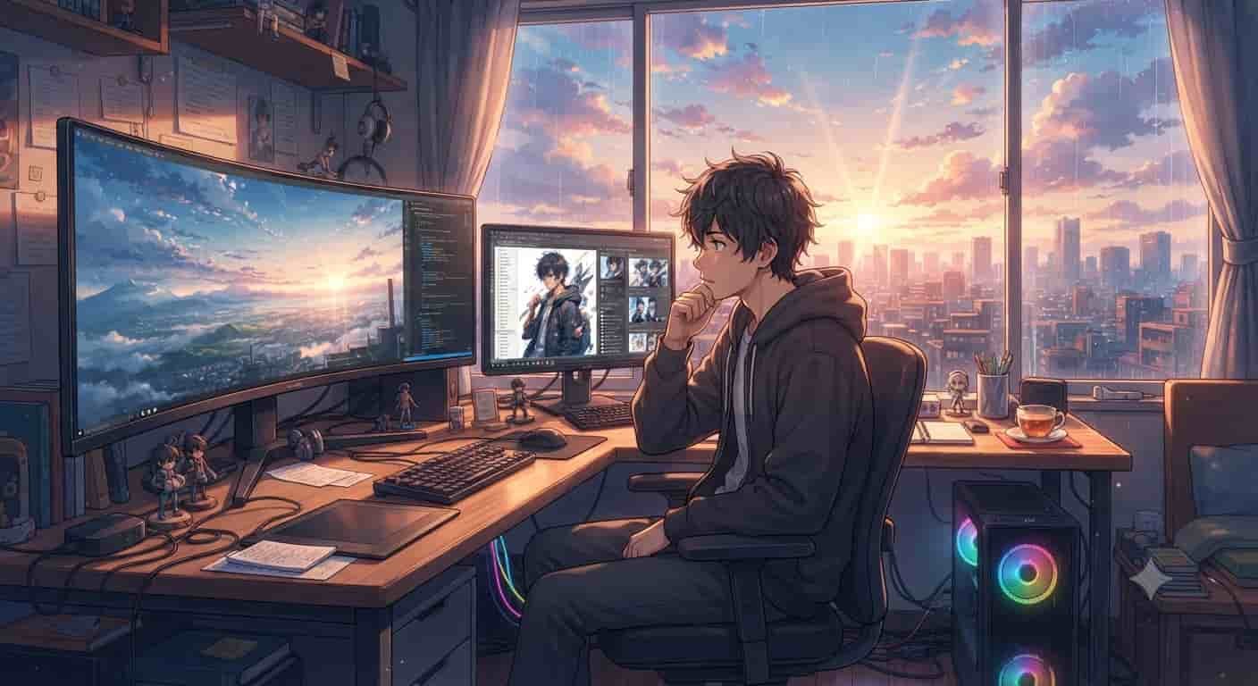 Ilustração em estilo anime inspirada em Makoto Shinkai de um homem escolhendo entre monitor ultrawide e 4K com a marca SKVTC