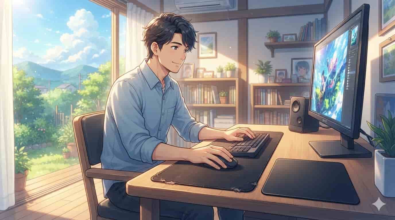 Mousepad de pano ou rígido: qual dura mais? 2 Homem sorrindo usando mouse em cima de um mousepad de pano grande em sua mesa de escritório skytc.