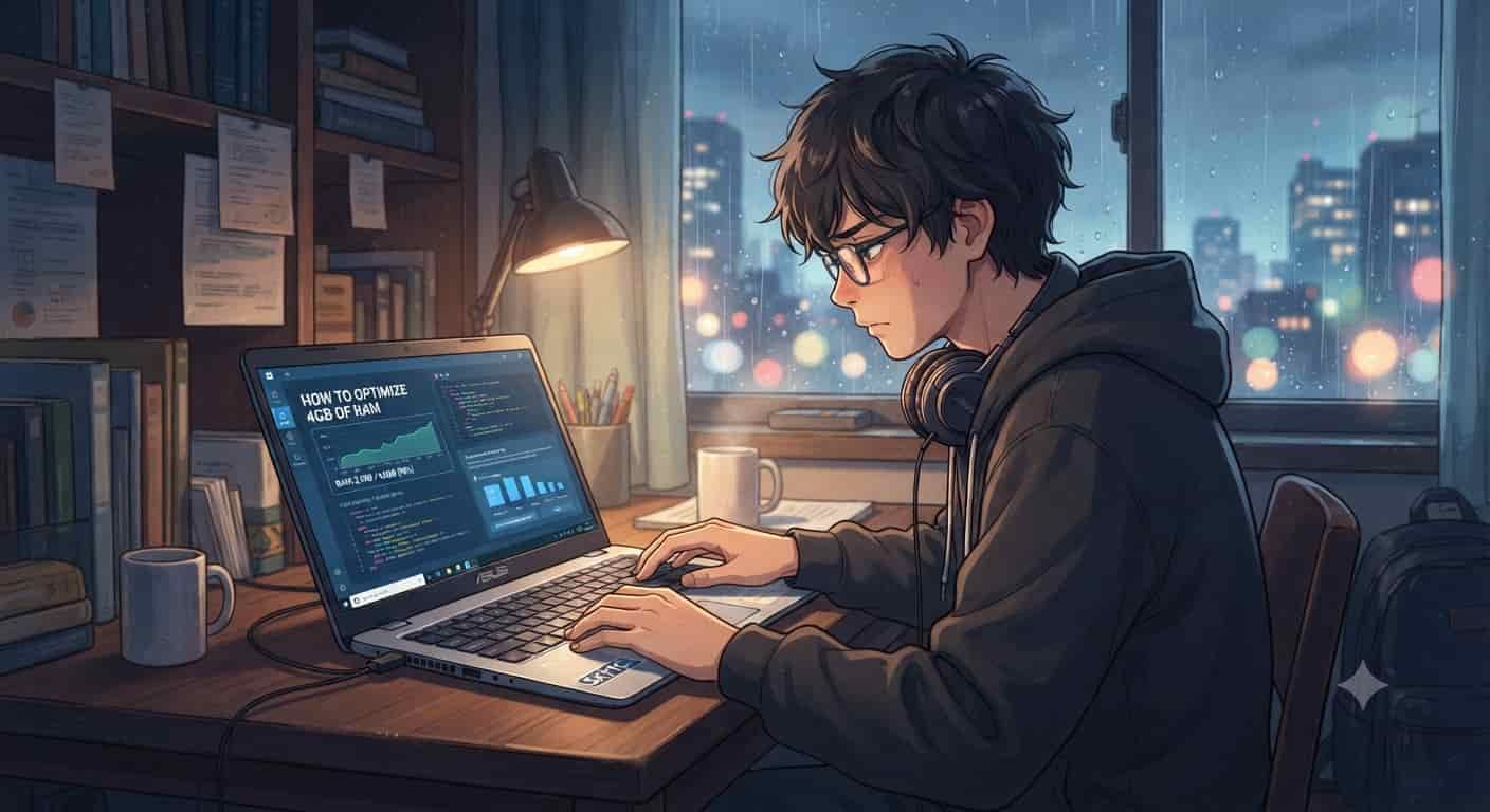Notebook com 4GB de RAM em: como otimizar o seu sistema de forma realista 7 Ilustração estilo anime Makoto Shinkai de um jovem otimizando notebook com 4GB de RAM com marca SKYTC
