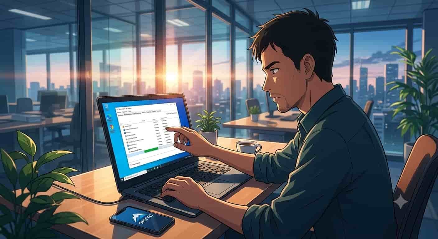 Notebook lento ao iniciar o Windows: como gerenciar 2 Homem de 35 anos otimizando o Windows de seu notebook lento em um escritório moderno, com o logo SKYTC visível.
