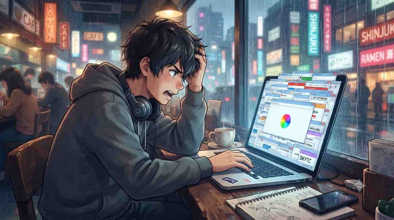 Notebook travando com muitas abas solução definitiva 6 Ilustração estilo anime Makoto Shinkai de um rapaz com o notebook travando com muitas abas abertas e a marca SKYTC visível