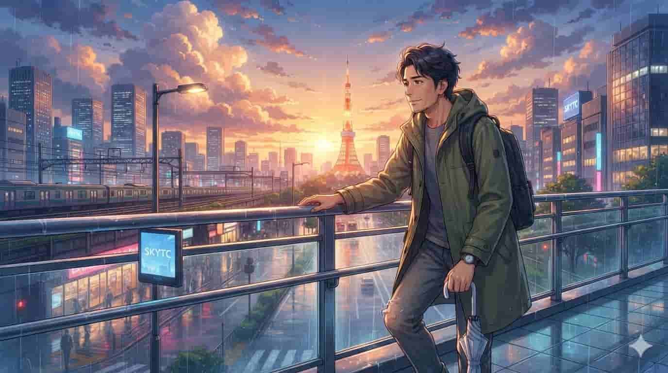 Por que as Articulações Rangem após os 40? 2 Personagem de 35 anos em estilo anime Makoto Shinkai olhando o pôr do sol e cuidando das articulações SKYTC.