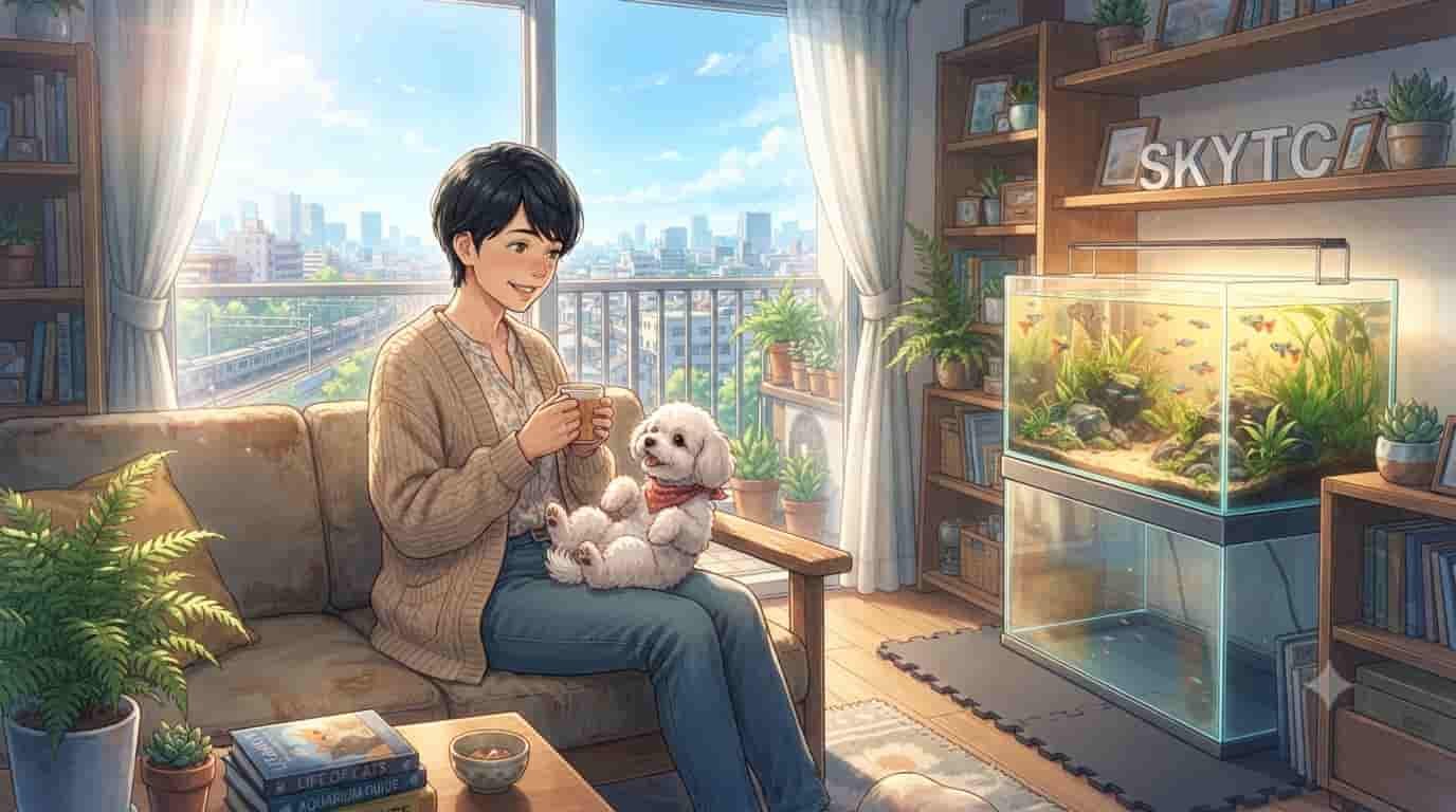 Por que usar base EVA embaixo do vidro de fundo do aquário 9 Ilustração estilo anime de mulher japonesa com seu pet maltipoo em casa clara observando um aquário, com a marca SKYTC visível.