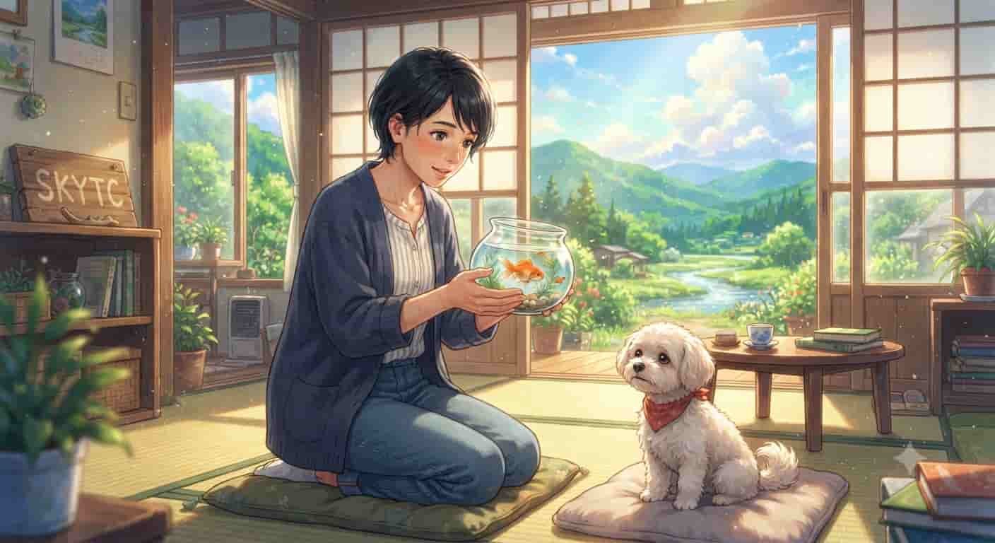 Sal grosso ajuda a desinchar intestino de peixe doente 2 Mulher japonesa no estilo anime cuidando de peixe japonês doente com sal grosso e seu maltipoo com a marca SKYTC