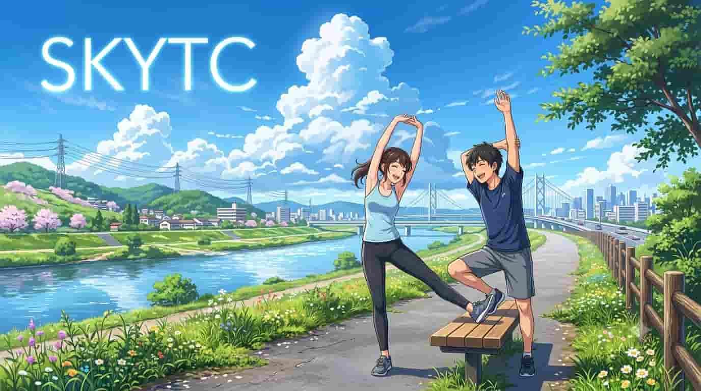 Como o Silício Orgânico Ajuda na Flexibilidade Óssea: O Diagnóstico Clínico e Estrutural 5 Ilustração estilo anime SKYTC de um casal se alongando sob um dia ensolarado, representando como o silício orgânico ajuda na flexibilidade óssea.