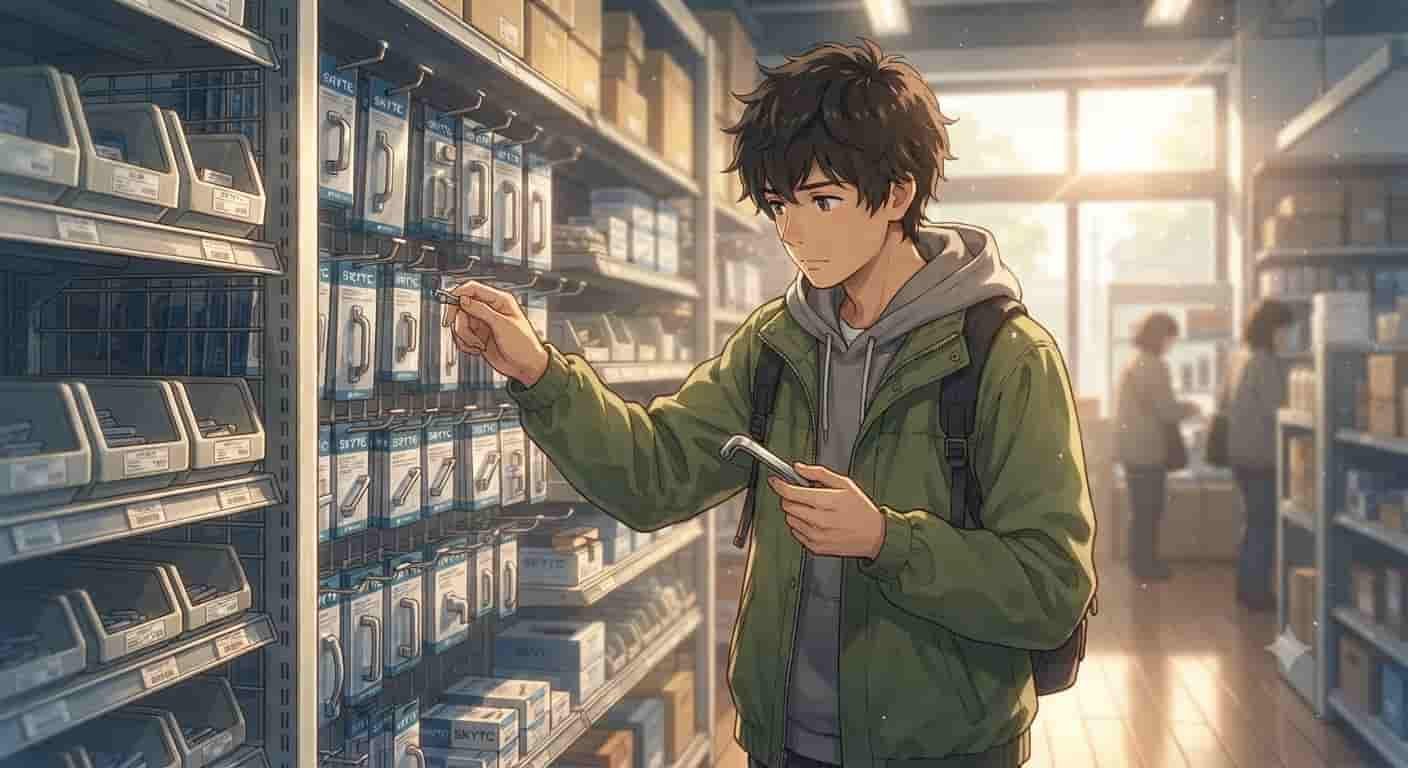 Ilustração estilo anime Makoto Shinkai de um jovem escolhendo puxadores para móveis tech com a marca SKYTC.
