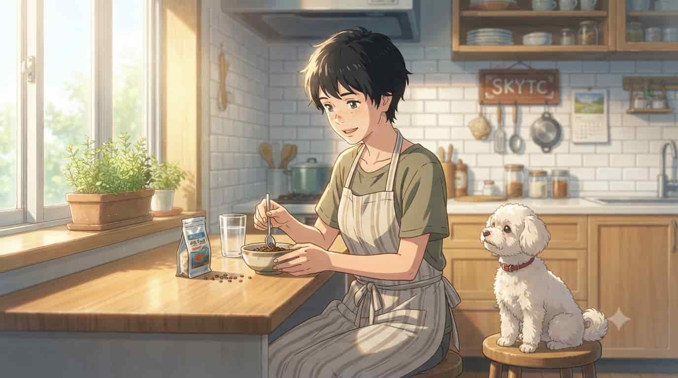 Como hidratar ração em pellets antes de oferecer ao Kinguio 2 Mulher japonesa de 45 anos com pixie cut preto e sarda preparando ração hidratada para kinguio ao lado de um maltipoo branco, estilo Makoto Shinkai, com o nome SKYTC visível.