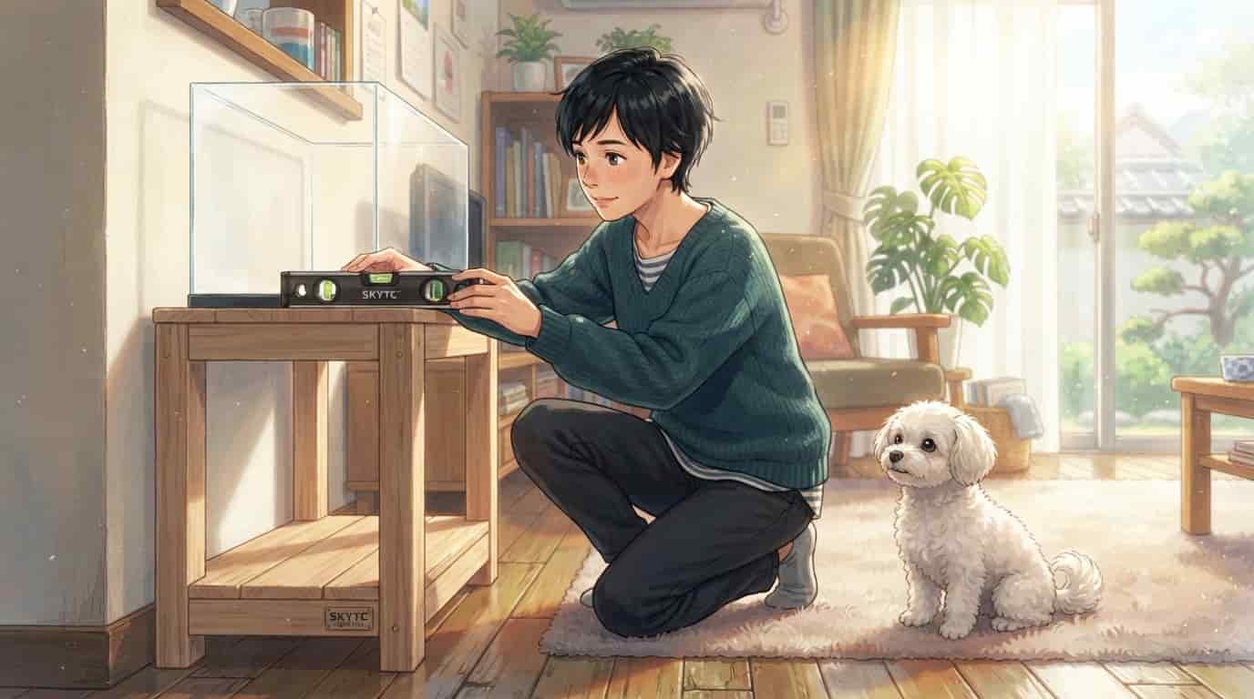 Como nivelar móvel de aquário para evitar trincas no vidro 2 Ilustração estilo anime Makoto Shinkai de uma mulher japonesa de 45 anos com seu cachorro Maltipoo nivelando um móvel de aquário em casa, com a marca SKYTC visível.