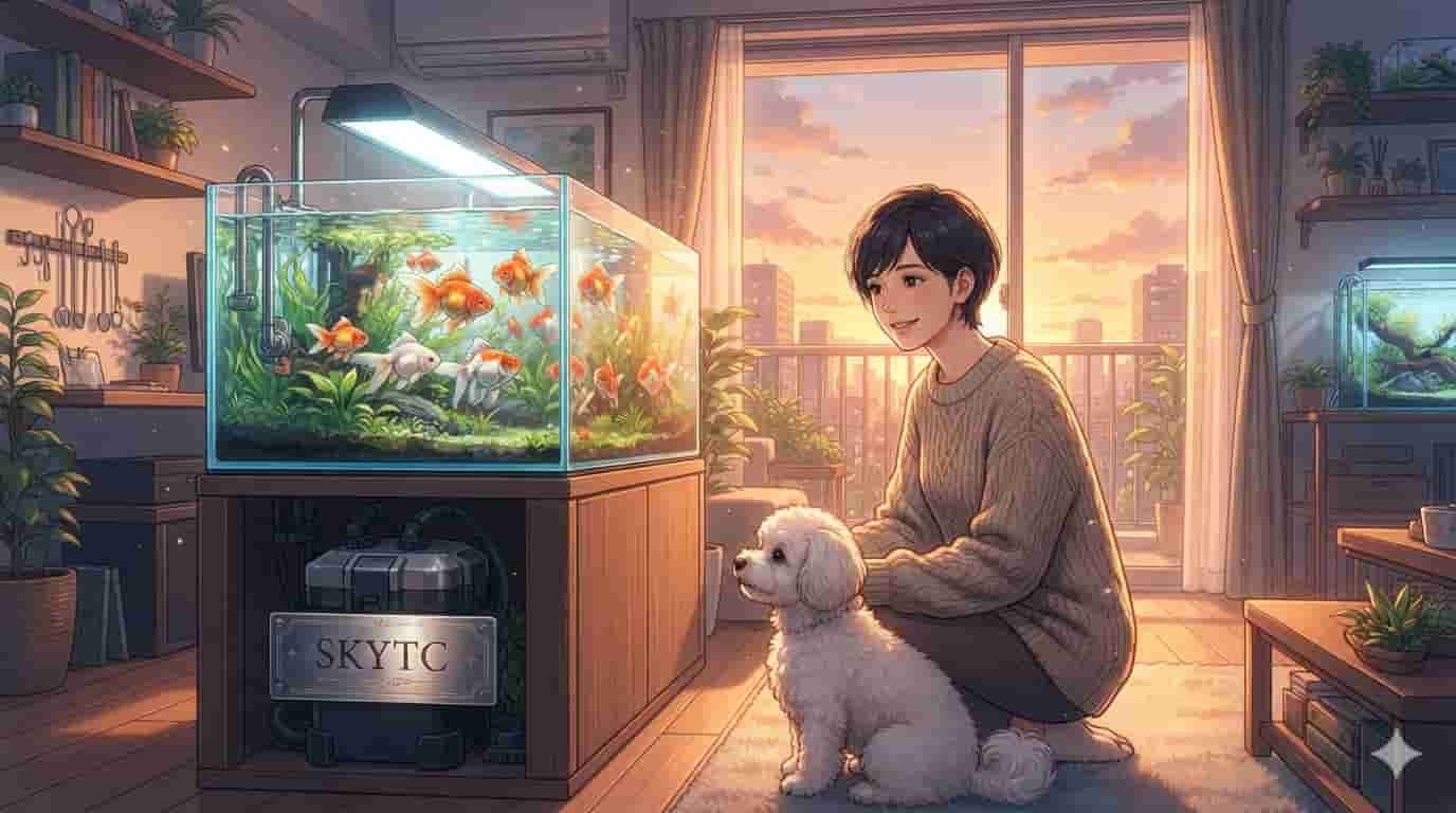 Filtro canister com filtro UV integrado para Kinguio: vantagens 1 Ilustração estilo anime de Makoto Shinkai de mulher de 45 anos e seu Maltipoo olhando para aquário de Kinguios com filtro canister SKYTC.