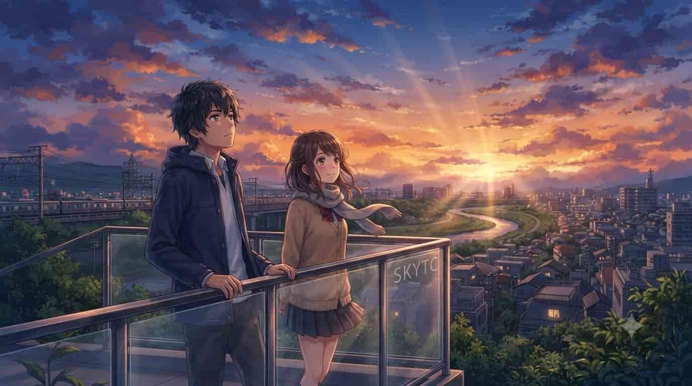 Como a Inflamação Crônica Corrói suas Articulações 2 Ilustração estilo anime de Makoto Shinkai mostrando um personagem masculino e feminino com a marca skytc, representando a inflamação crônica nas articulações.