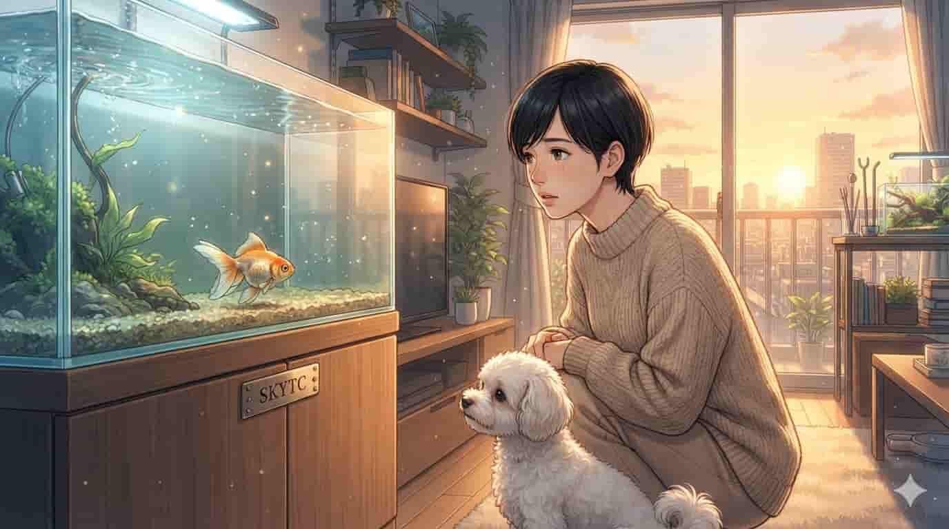 Quanto tempo deixar o Kinguio de jejum por problema na bexiga 1 Ilustração estilo anime de Makoto Shinkai de mulher de 45 anos e Maltipoo olhando para Kinguio doente em aquário com marca SKYTC.
