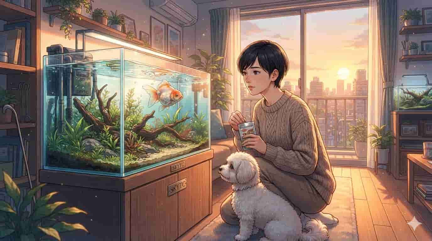 Por que o Kinguio gordinho fica boiando após comer ração seca 2 Ilustração estilo anime de Makoto Shinkai de mulher de 45 anos e Maltipoo olhando para um Kinguio flutuante após comer ração seca.