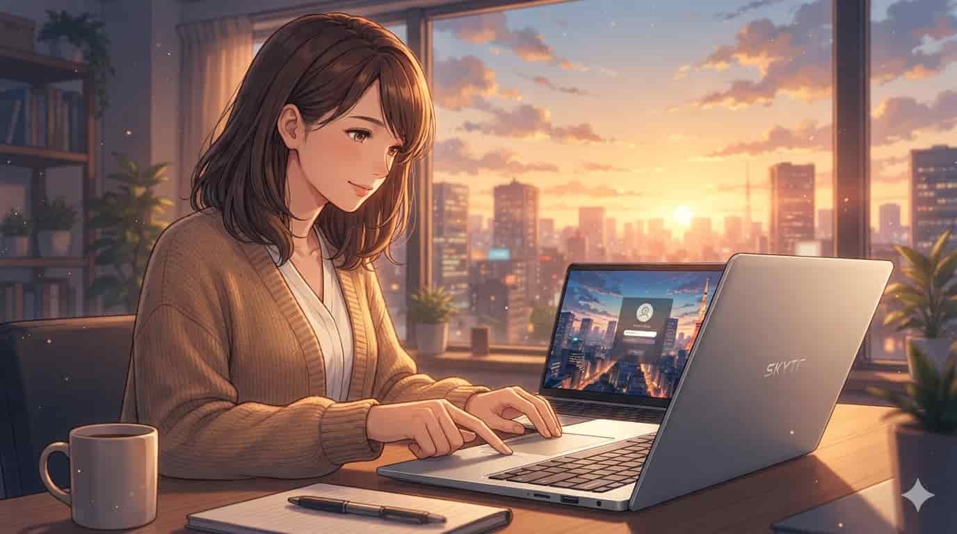 Notebook com leitor digital: segurança ou frescura? 2 Ilustração estilo anime de mulher de 35 anos usando notebook com leitor digital SKYTC em escritório com vista para Tóquio ao pôr do sol.