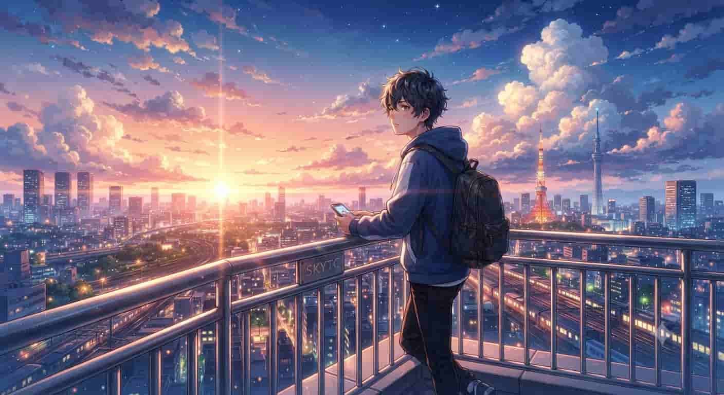 Ilustração estilo anime Makoto Shinkai de um jovem com a marca SKYTC otimizando a bateria do notebook.