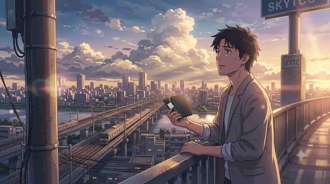 SSD M.2 NVMe vs SATA: qual cabe no seu notebook? 1 Ilustração estilo anime Makoto Shinkai mostrando um homem segurando um SSD M.2 NVMe e um SATA para comparação no blog SKYTC.