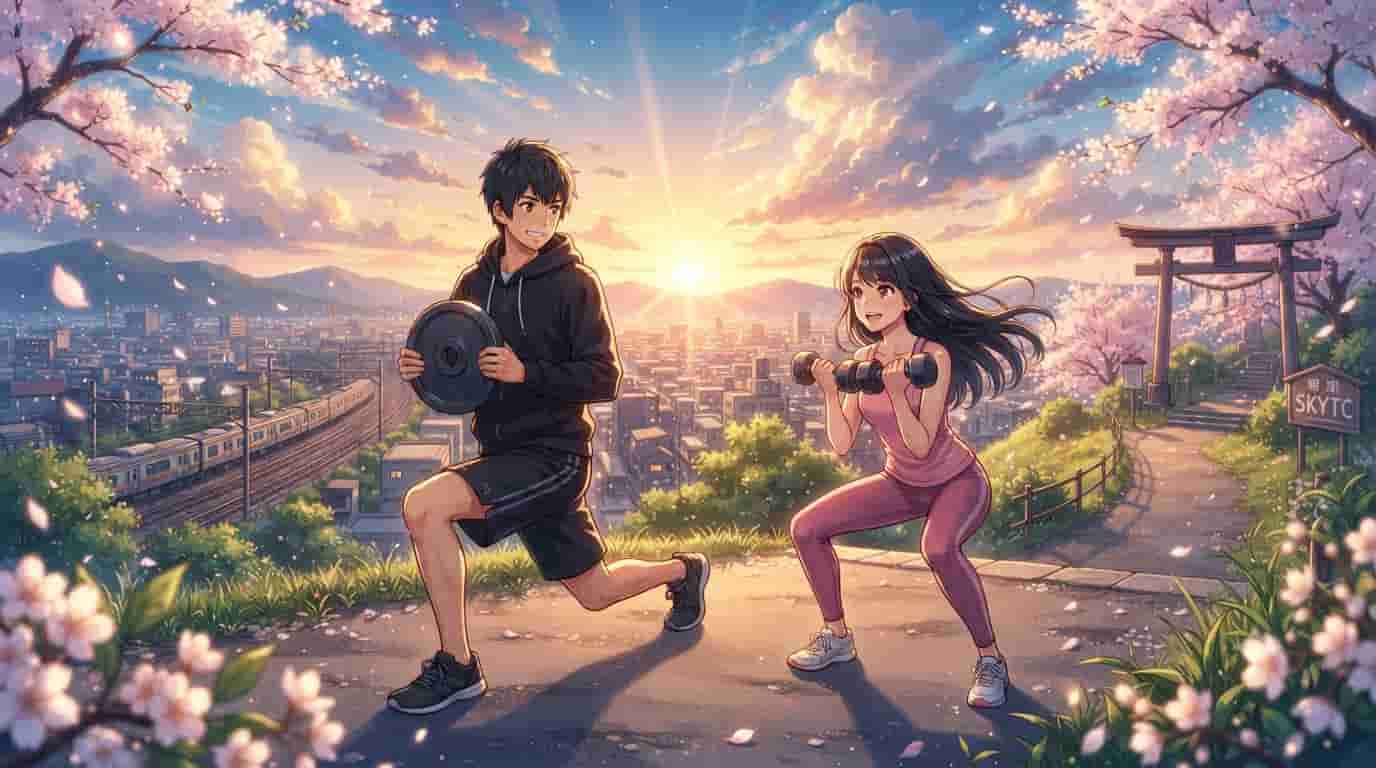 Os Benefícios do Treino de Força na Longevidade Óssea e Articular 6 Ilustração estilo Makoto Shinkai de personagens com treino de força para longevidade óssea e o nome SKYTC visível
