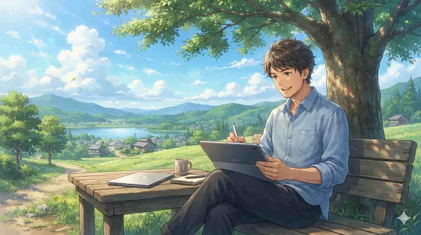 Homem sorrindo sentado em um banco de madeira sob uma árvore, desenhando em um tablet Pro com caneta digital em uma paisagem rural skytc.
