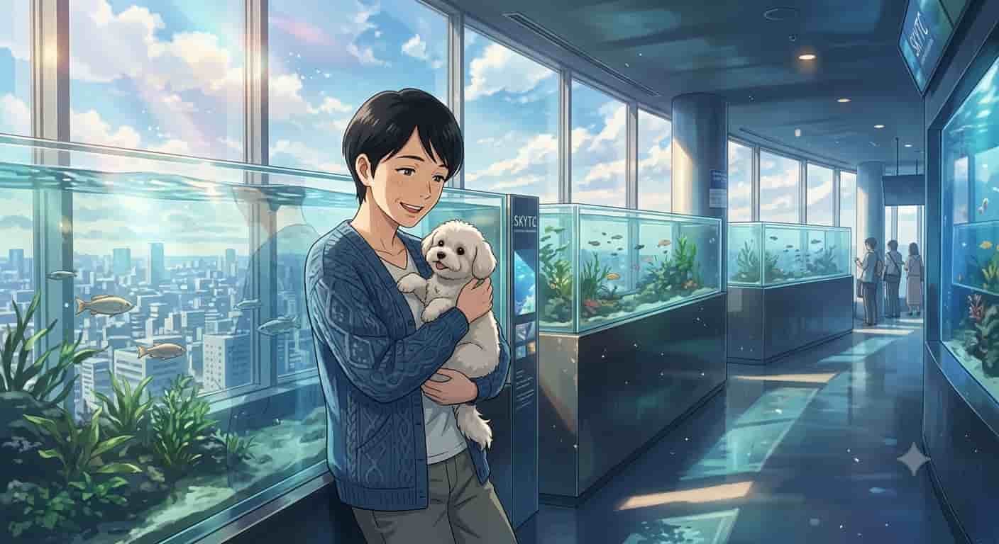 Ilustração estilo Makoto Shinkai de mulher japonesa com cabelo pixie preto e cãozinho Maltipoo branco montando aquário comprido com travas francesas e inscrição SKYTC.