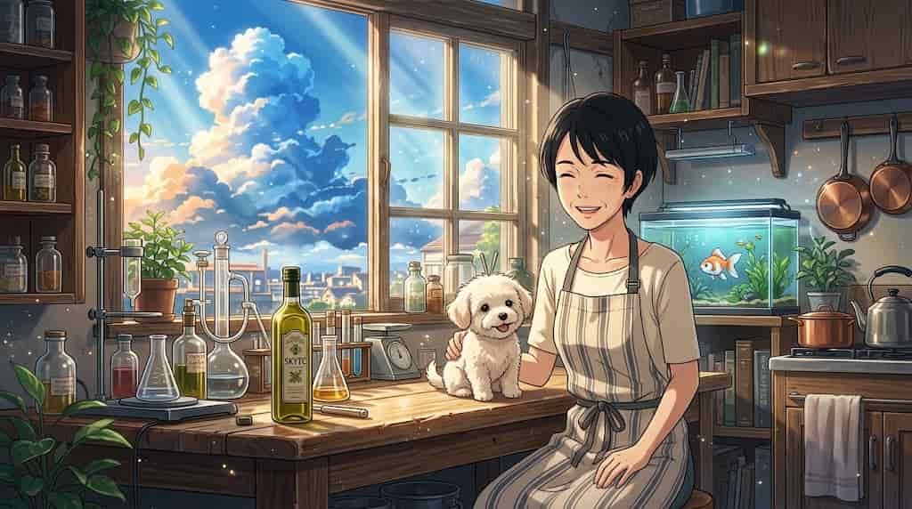 Azeite de Oliva para Kinguio Constipado: Como Aplicar de Forma Segura 2 Ilustração em estilo anime skytc de uma mulher japonesa de 45 anos com seu cãozinho maltipoo branco, cuidando de um peixe kinguio.