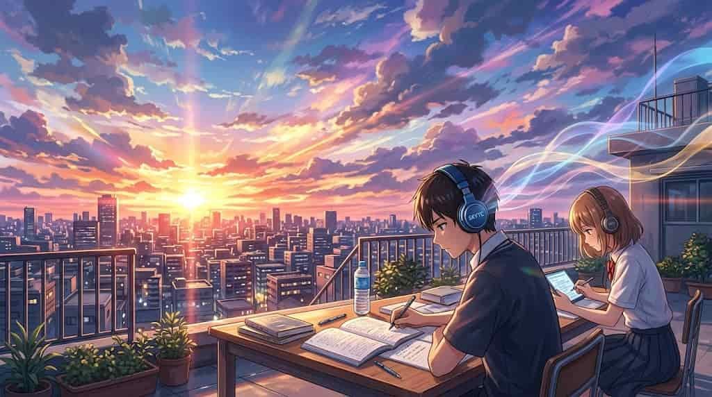 Benefícios de Ouvir Ondas Binaurais para Estudar: O Guia de Campo Sem Filtro para Foco e Alta Performance Cognitiva 2 Ilustração estilo anime de Makoto Shinkai mostrando um casal de estudantes focado nos estudos com fones de ouvido em um terraço urbano ao pôr do sol, com a marca skytc.