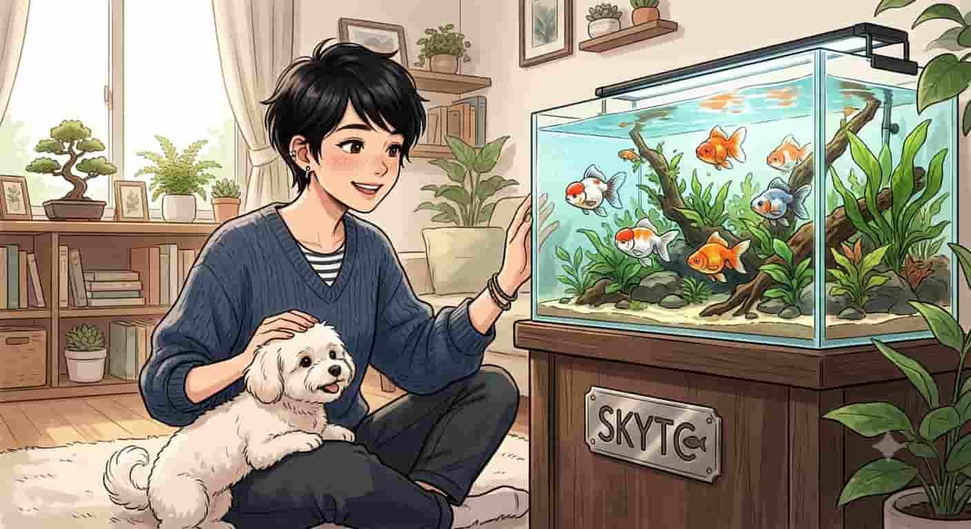 Canister Sunsun com UV na Amazon: Vale a Pena para Goldfish? 2 Mulher japonesa com cabelo pixie preto e cachorro maltipoo ao lado de aquário com peixe japonês e filtro canister Sunsun com UV SKYTC