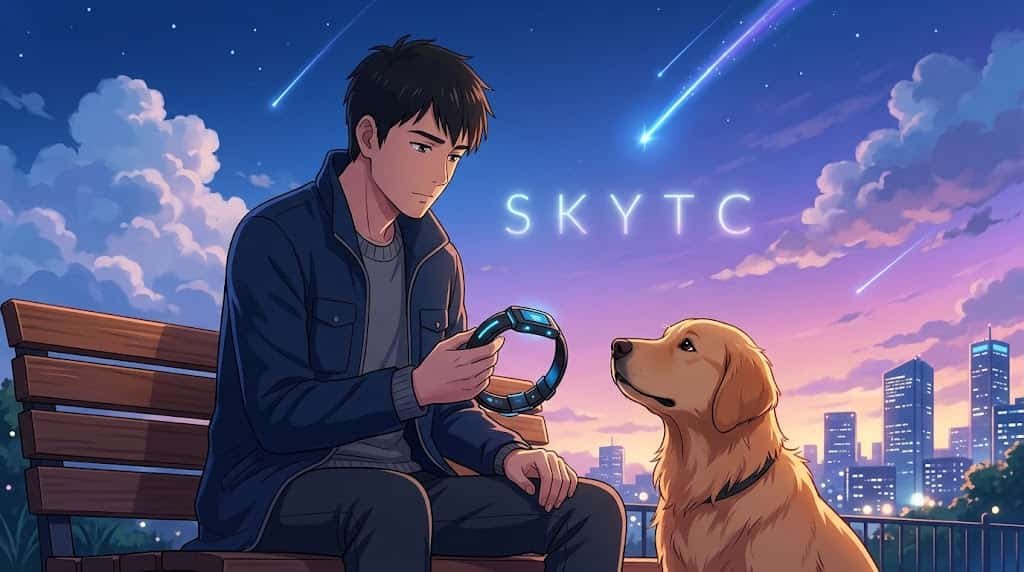 Coleira que Traduz Latido Funciona? Veredito Sincero 2 Ilustração estilo anime Makoto Shinkai de homem observando seu cachorro enquanto segura uma coleira inteligente com o texto SKYTC no céu ao entardecer.