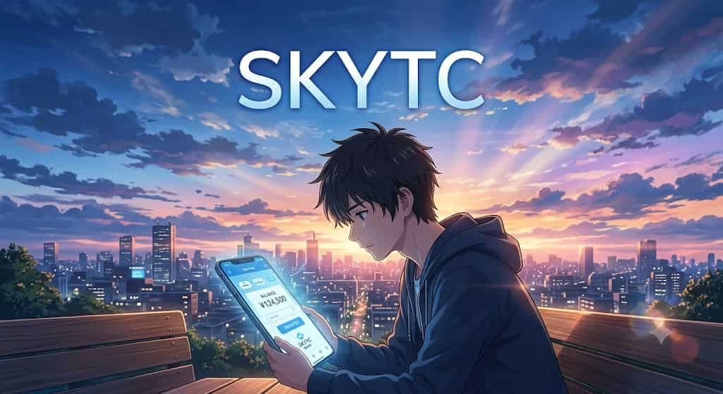 Ilustração estilo anime Makoto Shinkai mostrando um jovem rapaz utilizando o smartphone para automatizar a reserva de emergência em um aplicativo bancário, com o logotipo SKYTC visível no cenário.