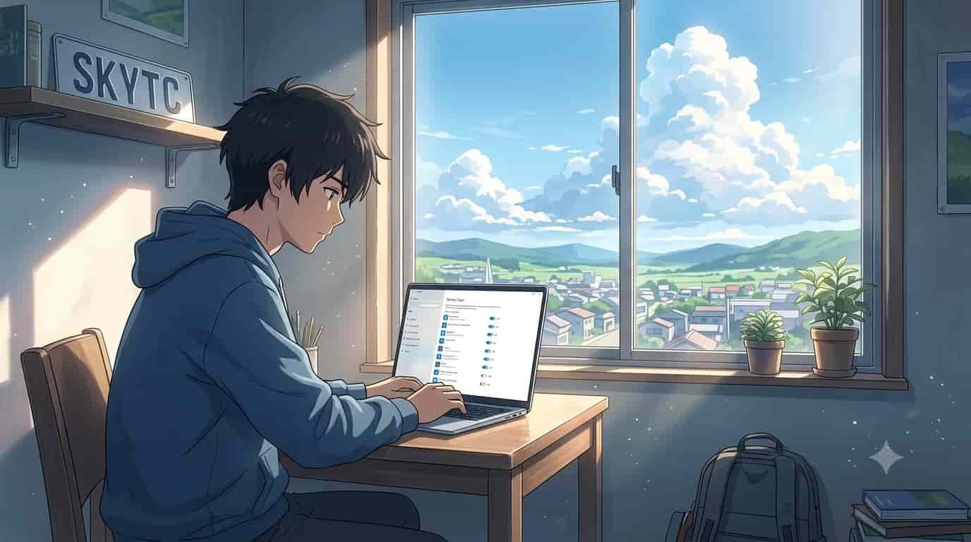 Como Desativar Programas que Iniciam com o Notebook: O Guia Definitivo da Bancada de Manutenção 5 Rapaz estilo anime em um quarto iluminado ajustando as configurações do notebook para desativar programas que iniciam com o notebook SKYTC.
