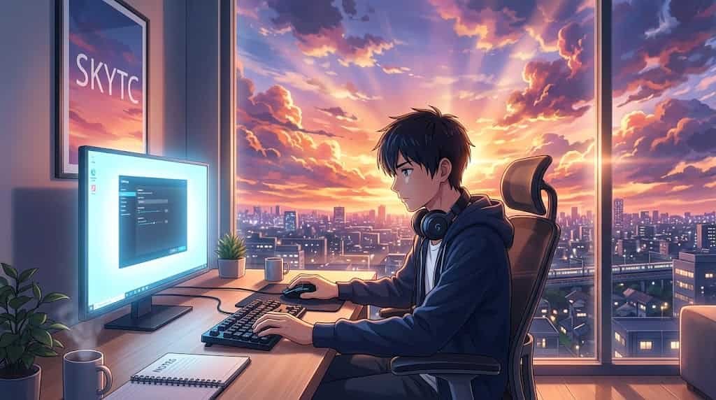 Como escolher o DPI do mouse para produtividade: o guia sem enrolação de quem testa na prática 2 Ilustração em estilo anime de um rapaz ajustando o DPI do mouse para produtividade no blog SKYTC.