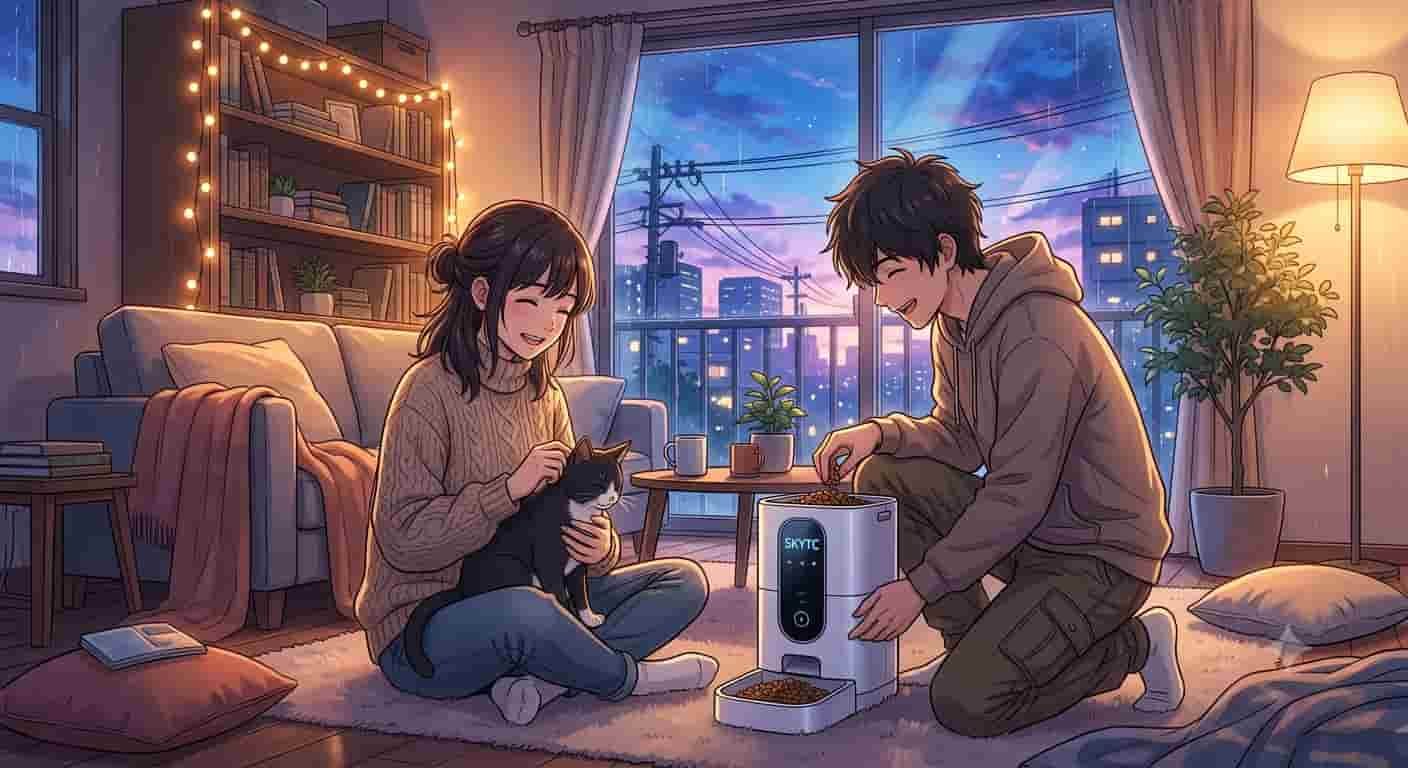 Ilustração estilo anime SKYTC com um homem e uma mulher observando um cão com um comedouro tech em uma sala clara.
